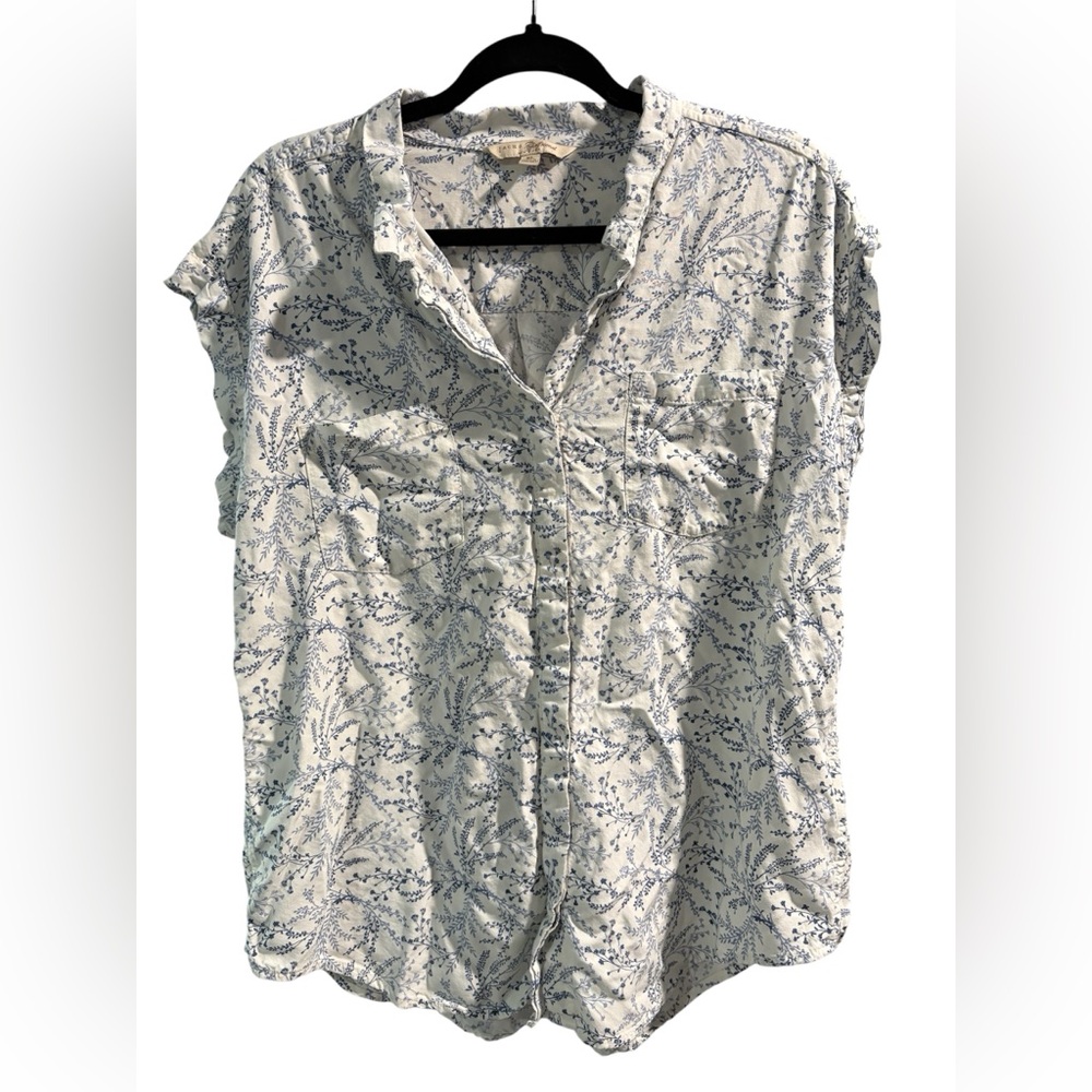 Jachs Girlfriend Floral Rayon Button Down‎ Shirt Blue White XL Cap Sleeve Boho